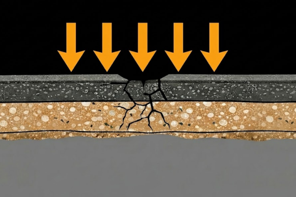 Cross-section diagram illustrating the myth of pothole surface failure, showing downward arrows representing traffic pressure on a cracked carriageway.