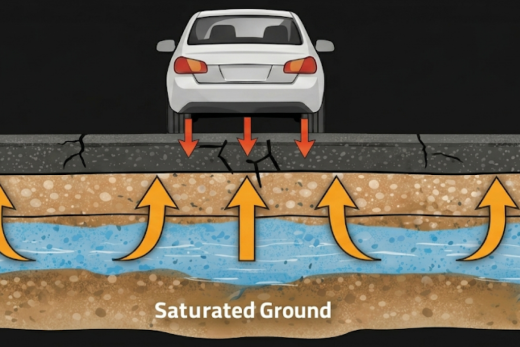 Diagram showing the reality of subsurface hydraulic failure, where a vehicle tyre forces trapped water upwards, debonding the pothole repair from beneath.