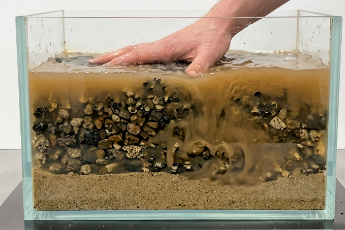 A transparent hydraulic tank simulation demonstrating the PaveVent™ insert mobilising subsurface water and dispersing fines under pressure.