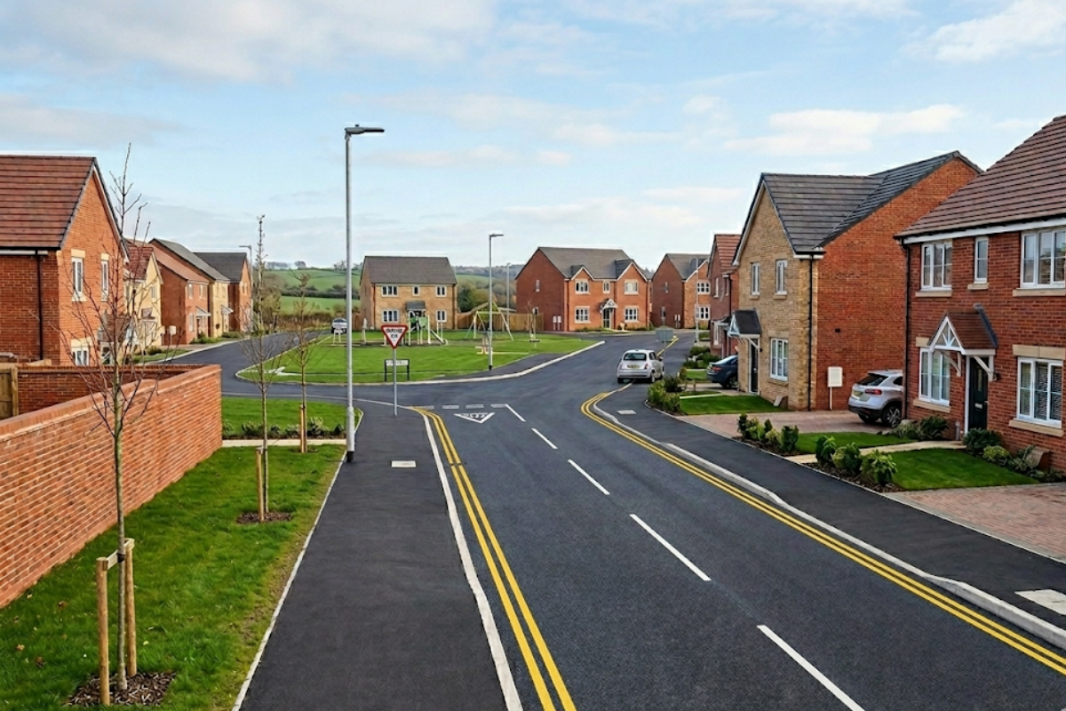 Freshly laid tarmac on a new UK housing estate road, illustrating the preventative application of the PaveVent™ system.