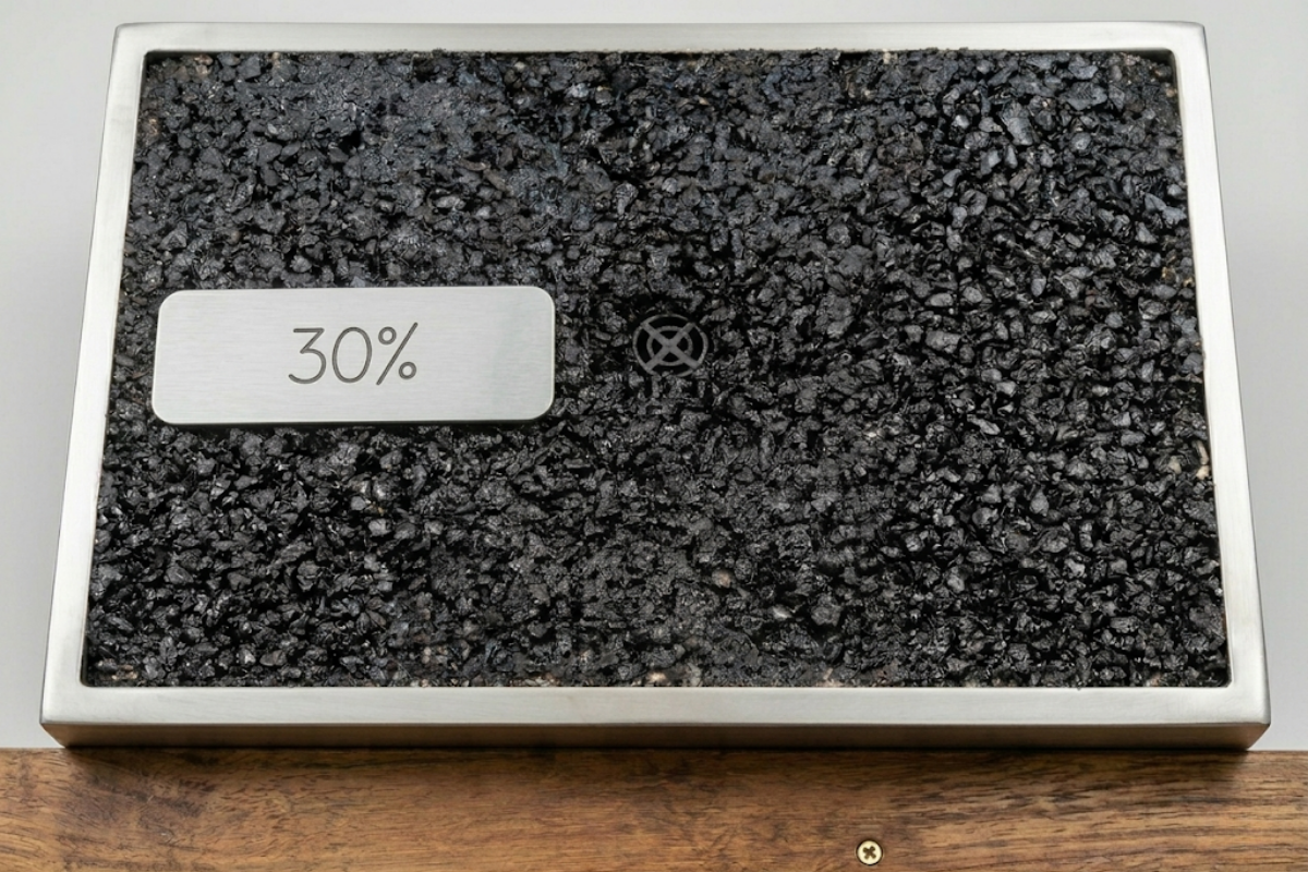 Post-test inspection of the Nylon/Glass 70/30 PaveVent™ device embedded in asphalt, showing no deformation after 2,000 wheel passes.