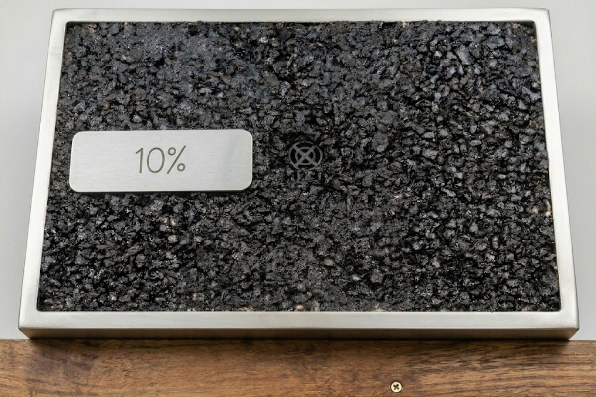 Post-test inspection of the Nylon/Glass 90/10 PaveVent™ device in an asphalt sample, maintaining structural soundness under heavy cyclic loading.