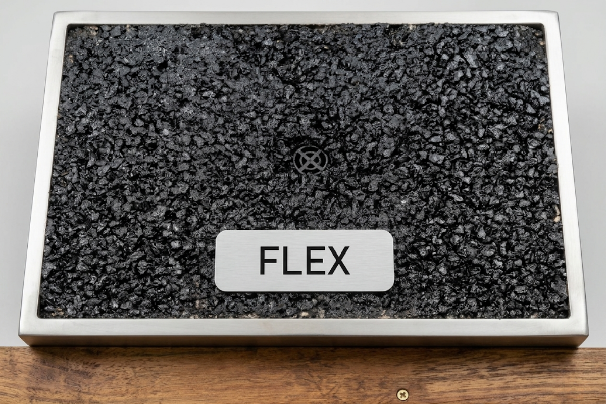 Post-test inspection of the flexible TPE 80A PaveVent™ device installed in asphalt, displaying no signs of damage after road simulator testing.