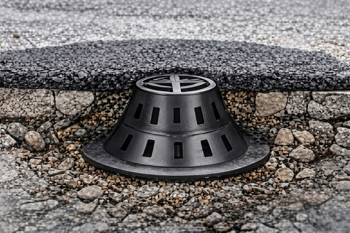 A finished, durable pothole repair with standard tarmac compacted securely around the flush PaveVent™ top grate.
