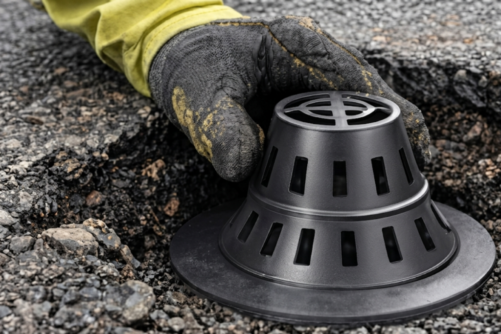 A highway contractor's gloved hand placing the PaveVent™ hydraulic pressure relief insert into a prepared pothole.