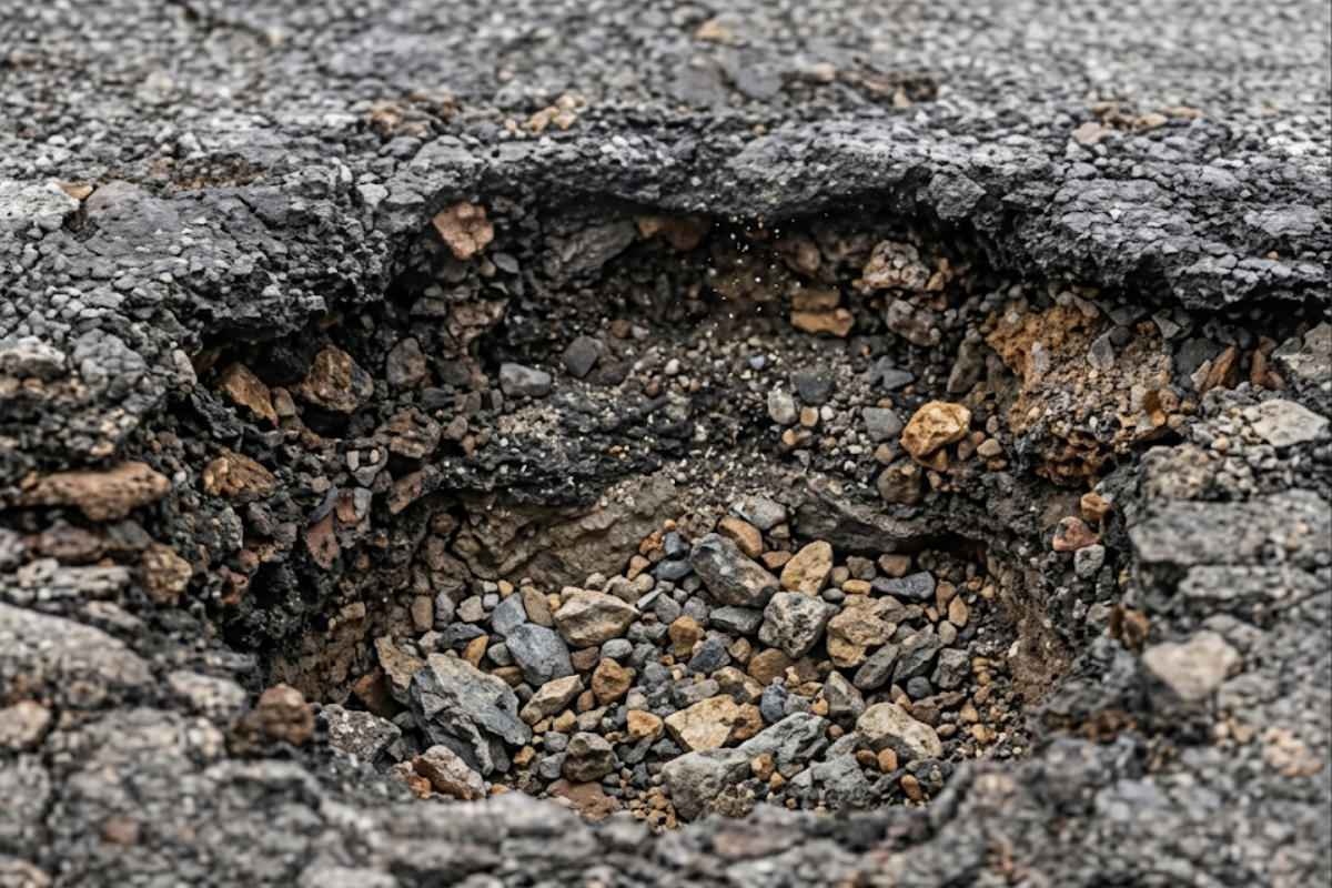 Illustration of a prepared carriageway pothole showing upward subsurface hydraulic pressure before PaveVent™ installation.